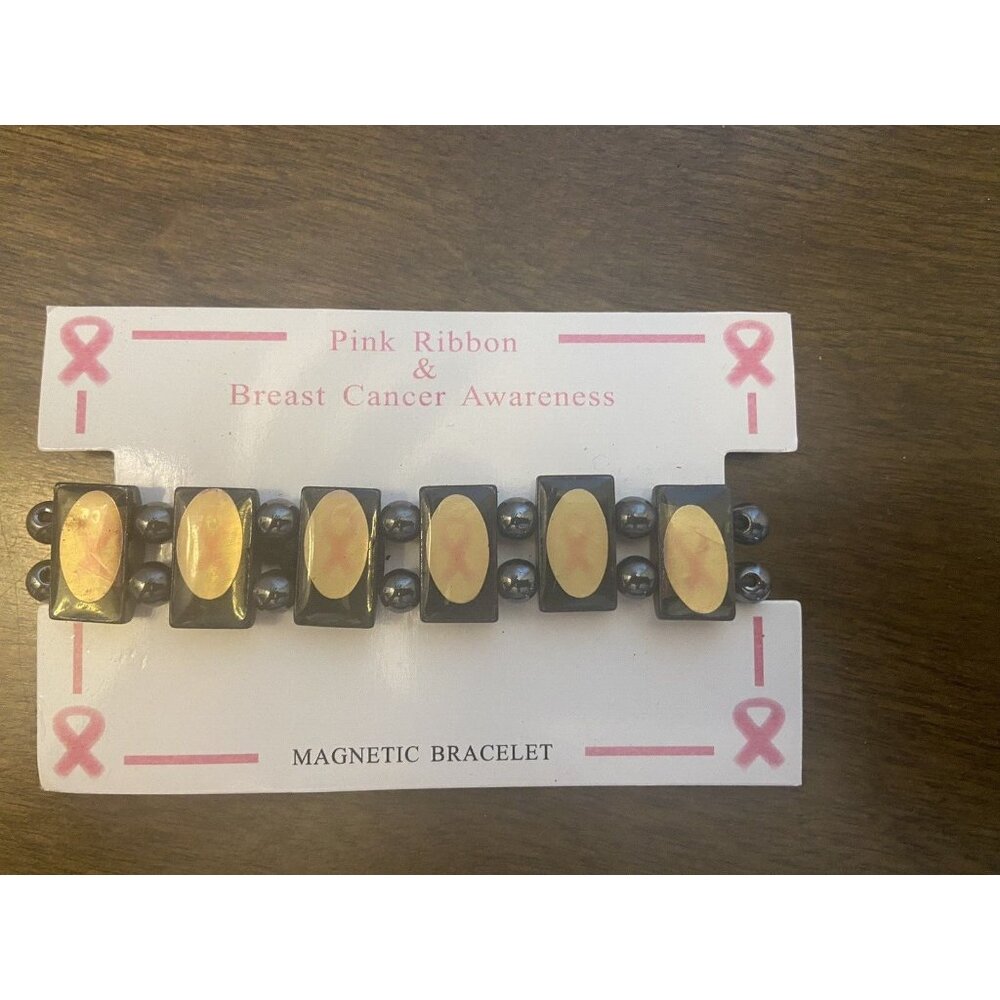 Pink Ribbon & Breast Cancer Awareness Hematite Magnetic Stretch Bracelet